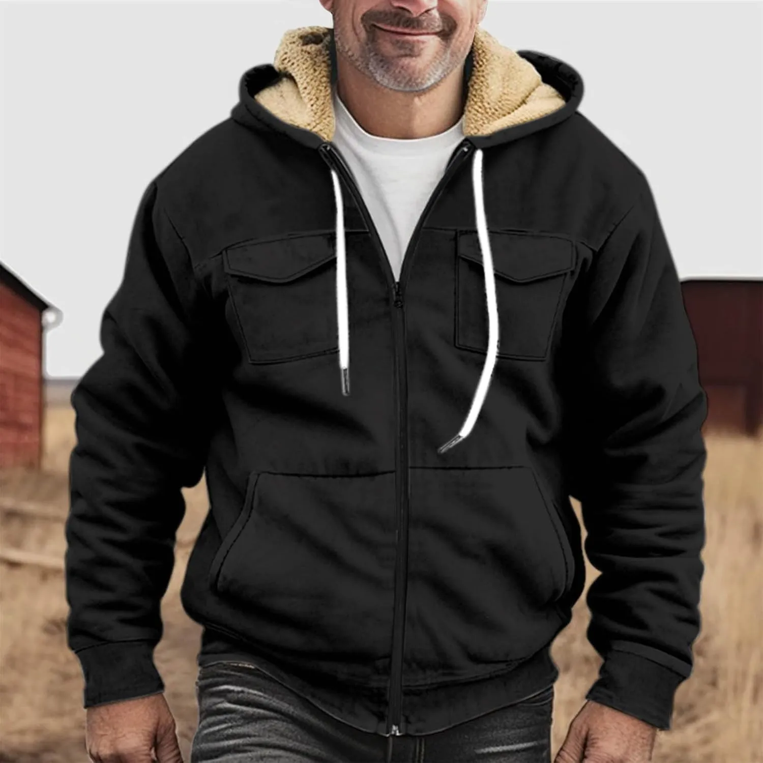 Men's Sherpa Fleece Lined Jackets Winter Warm Thick Zip Big and Tall Sherpa Lined Pullover Drawstring Coats Outwear