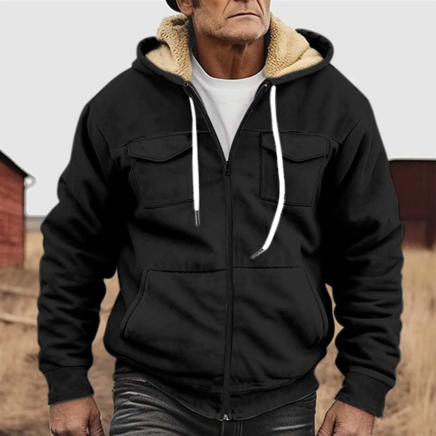 Men's Sherpa Fleece Lined Jackets Winter Warm Thick Zip Big and Tall Sherpa Lined Pullover Drawstring Coats Outwear