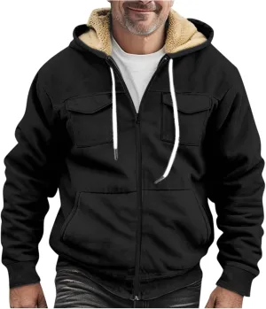 Men's Sherpa Fleece Lined Jackets Winter Warm Thick Zip Big and Tall Sherpa Lined Pullover Drawstring Coats Outwear