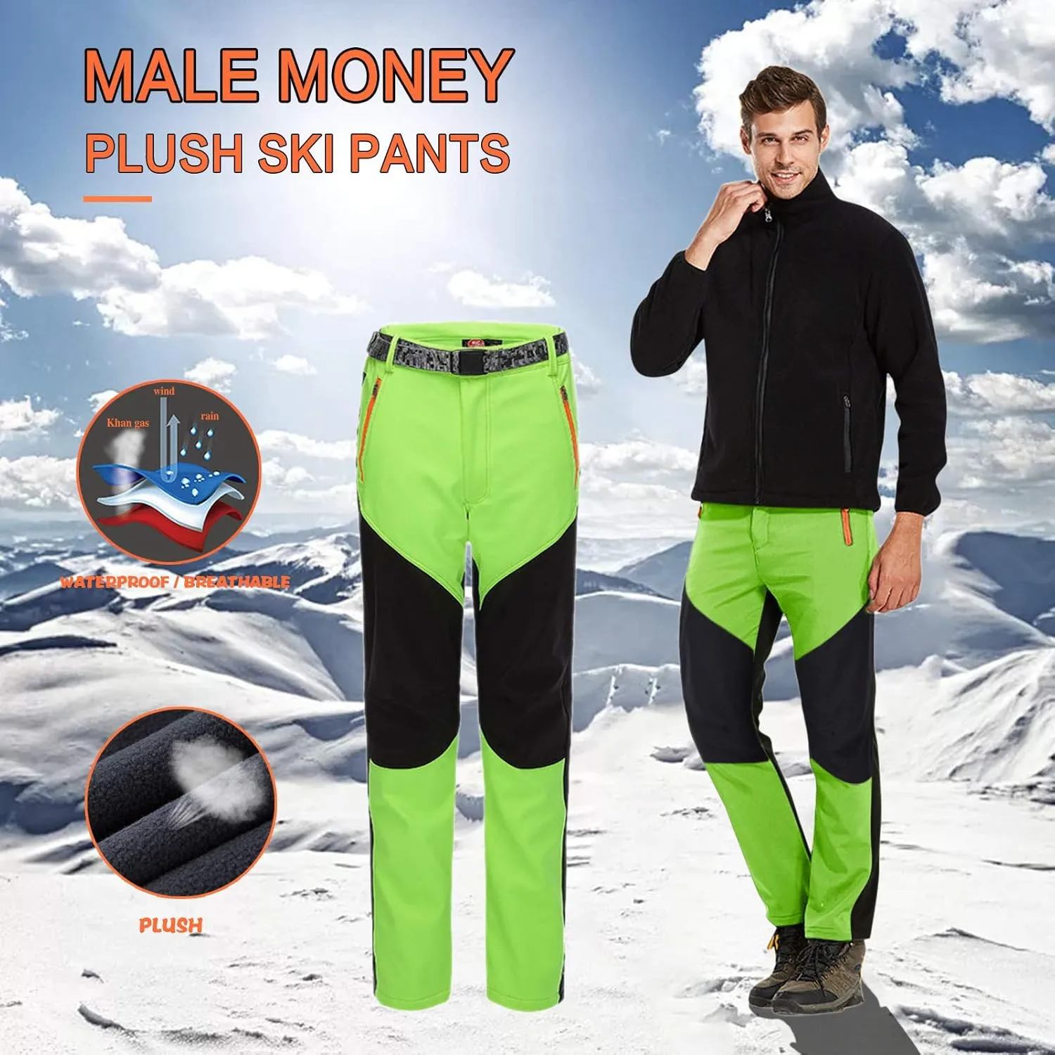 Mens Snow Ski Waterproof Softshell Snowboard Pant Outdoor Windproof Fleece Lined Warm Hiking Ski Snow Pant Camping Pant