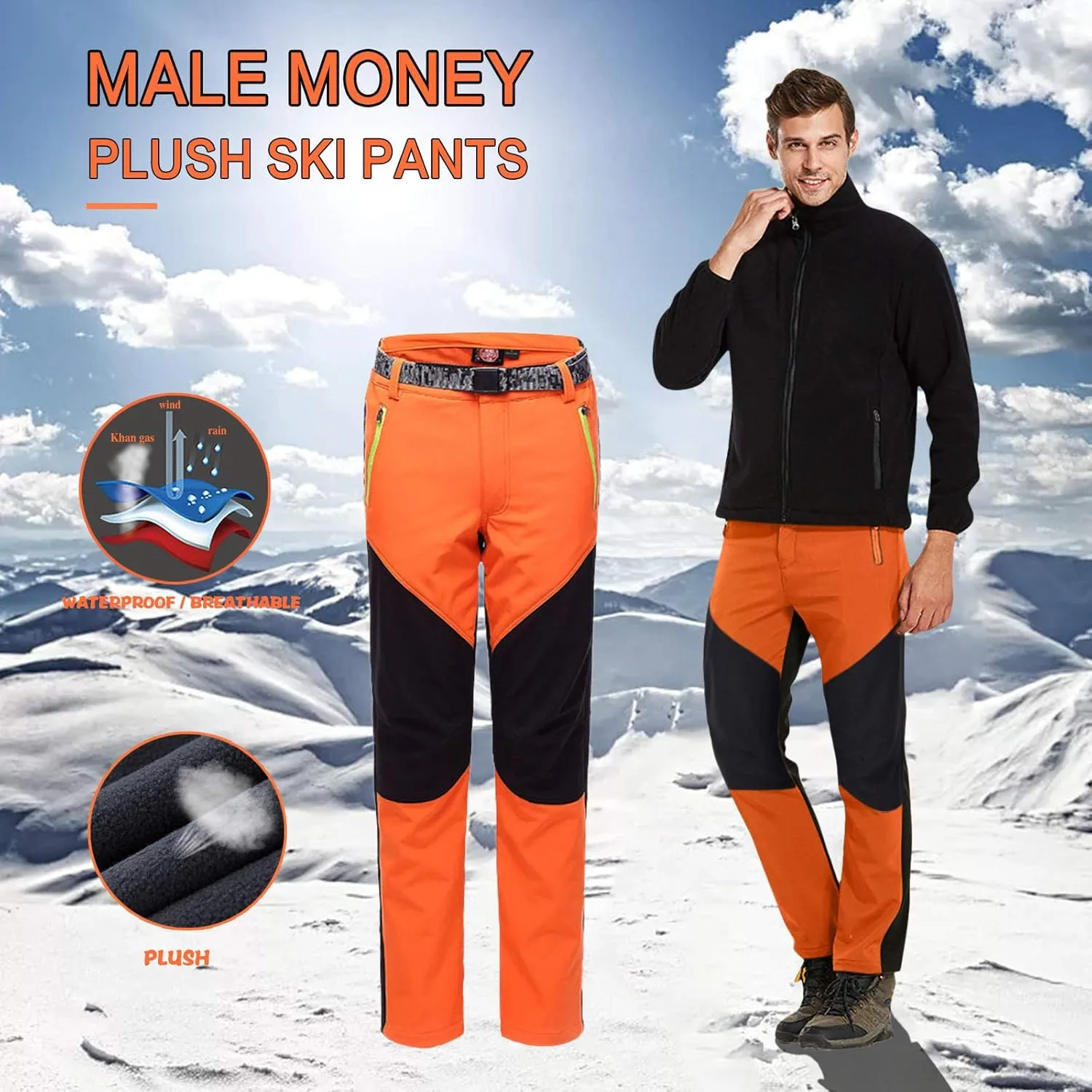Mens Snow Ski Waterproof Softshell Snowboard Pant Outdoor Windproof Fleece Lined Warm Hiking Ski Snow Pant Camping Pant