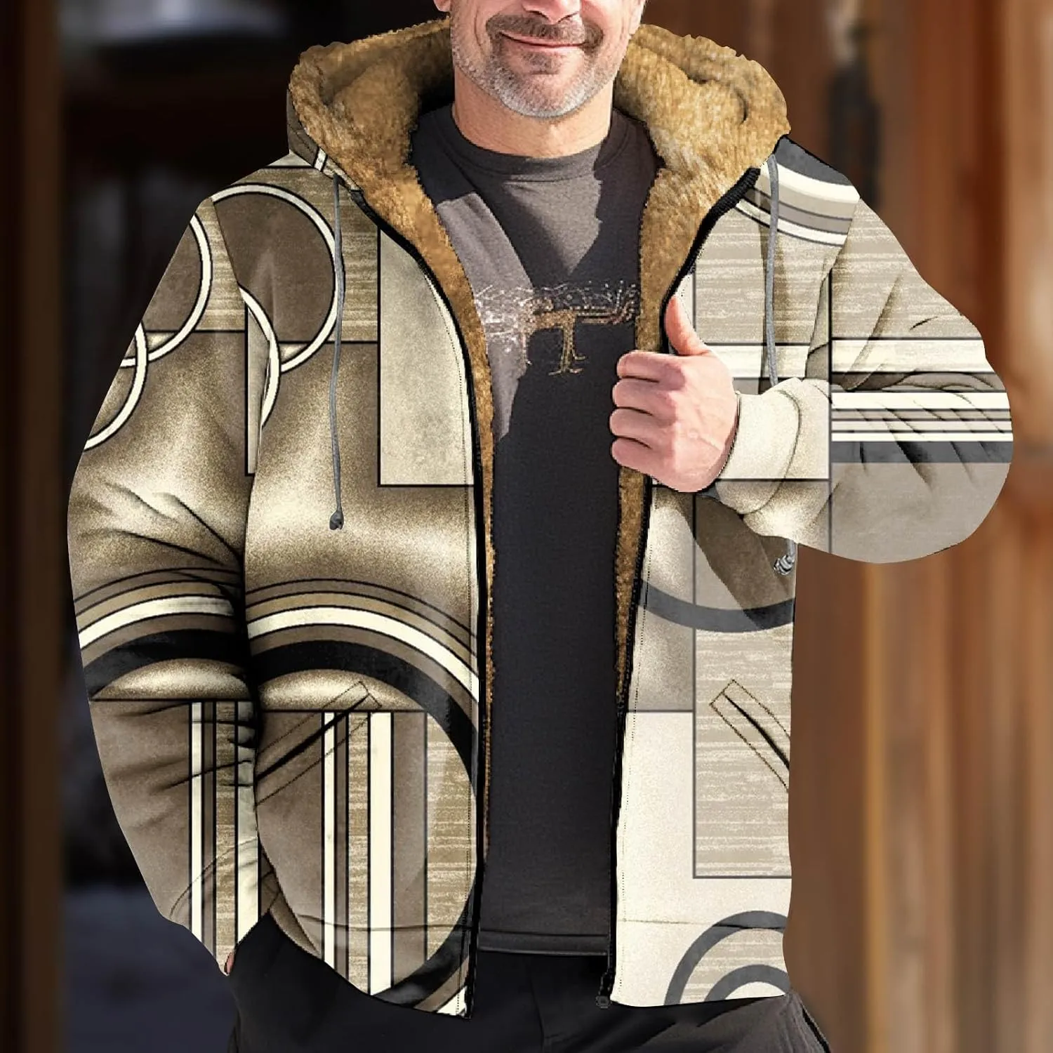 Mens Vintage Fleece Jacket Sherpa Lined Winter Coats Fall Winter Puffer Jacket Windproof Casual Hoodies with Pocket