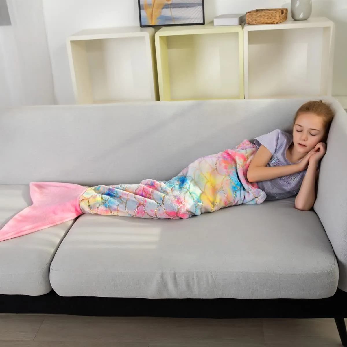 Mermaid Tail Blankets Portable Lovely Glittering Cozy Soft Flannel Rainbow Colorful Birthday Party Gifts for Toddlers