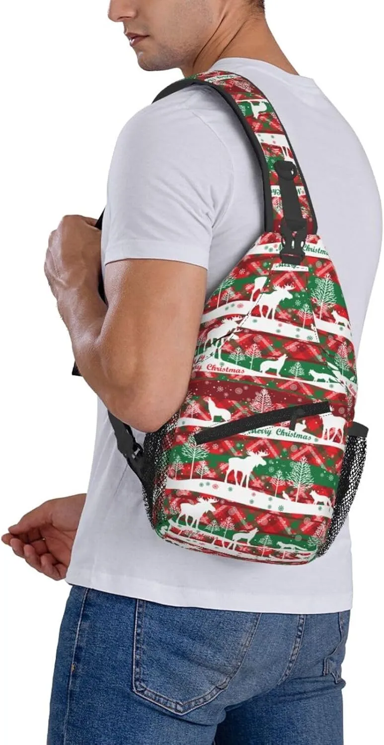 Merry Christmas Happy New Year Wolf Reindeer Cross Chest Bag Diagonally Hiking Crossbody Bag Travel Shoulder Daypack Lightweight Sling Backpack Cycling Daypacks Fitness Chest Backpacks