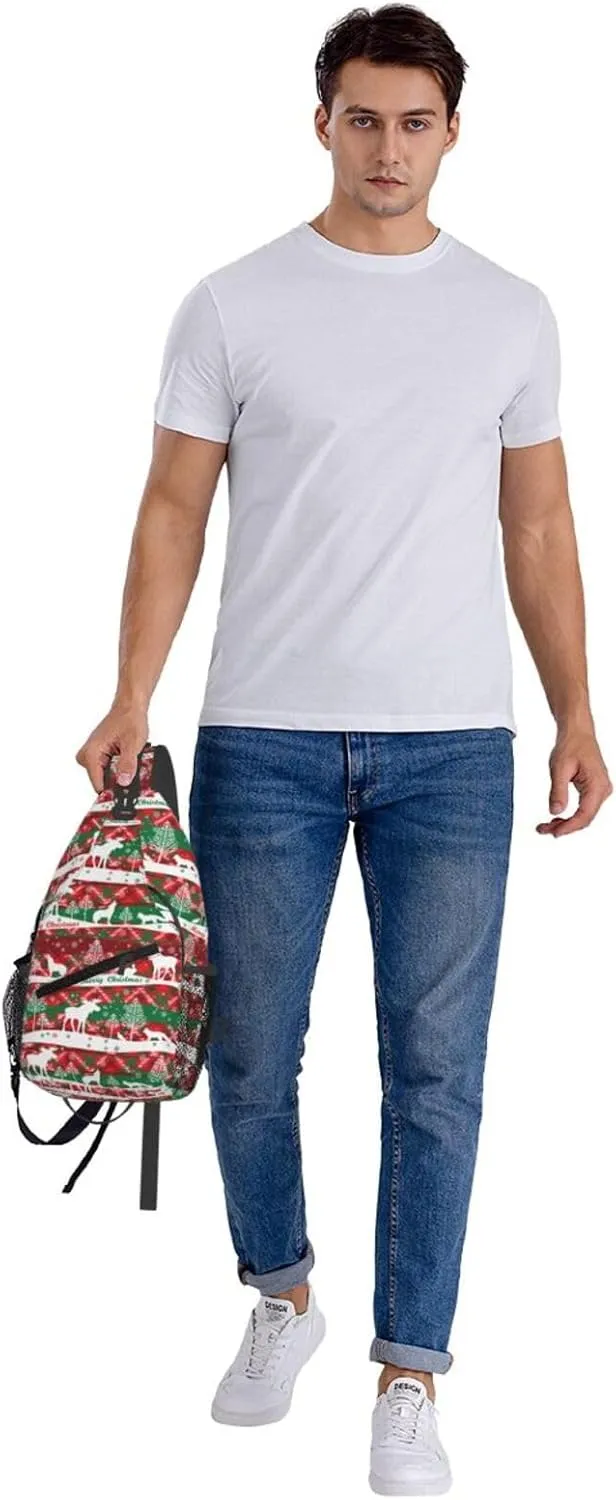 Merry Christmas Happy New Year Wolf Reindeer Cross Chest Bag Diagonally Hiking Crossbody Bag Travel Shoulder Daypack Lightweight Sling Backpack Cycling Daypacks Fitness Chest Backpacks