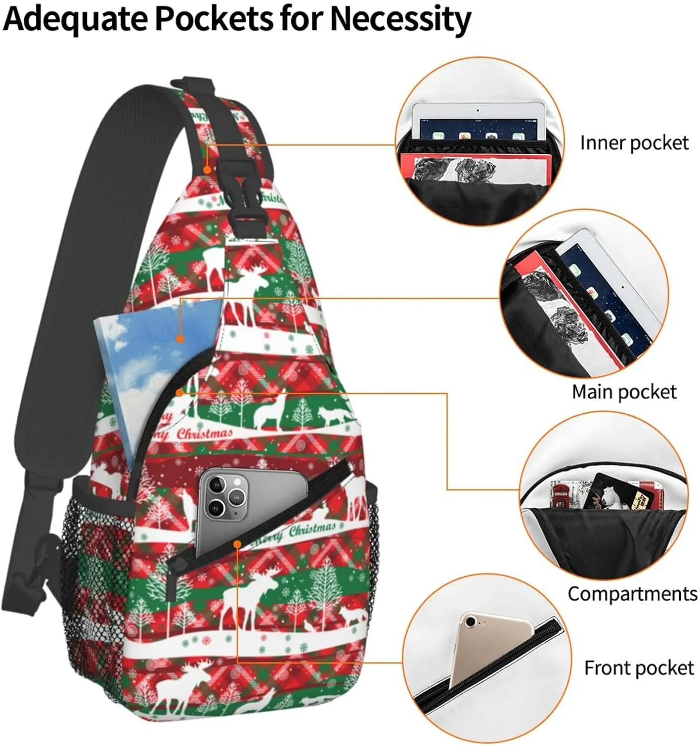 Merry Christmas Happy New Year Wolf Reindeer Cross Chest Bag Diagonally Hiking Crossbody Bag Travel Shoulder Daypack Lightweight Sling Backpack Cycling Daypacks Fitness Chest Backpacks