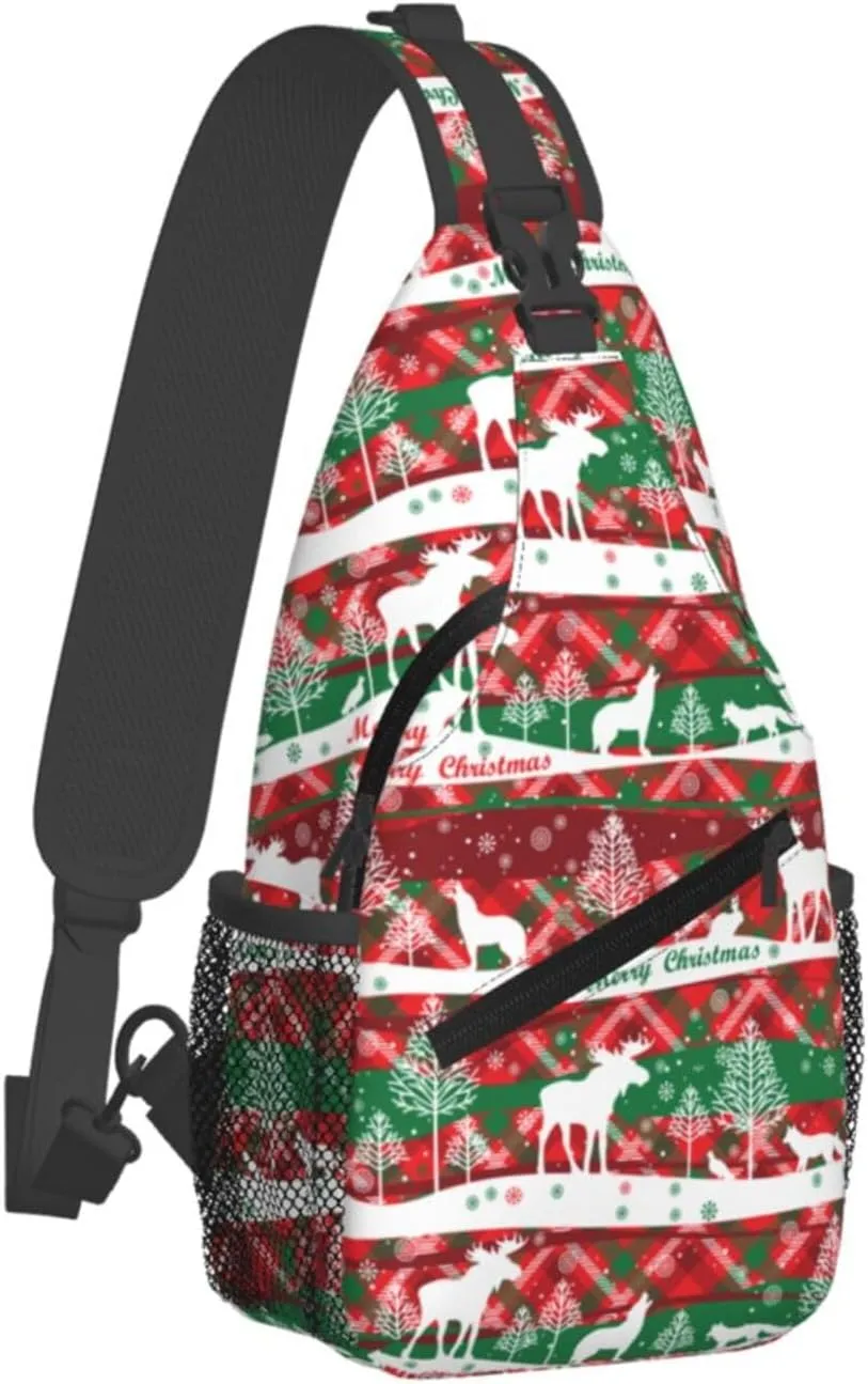 Merry Christmas Happy New Year Wolf Reindeer Cross Chest Bag Diagonally Hiking Crossbody Bag Travel Shoulder Daypack Lightweight Sling Backpack Cycling Daypacks Fitness Chest Backpacks