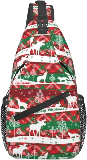 Merry Christmas Happy New Year Wolf Reindeer Cross Chest Bag Diagonally Hiking Crossbody Bag Travel Shoulder Daypack Lightweight Sling Backpack Cycling Daypacks Fitness Chest Backpacks