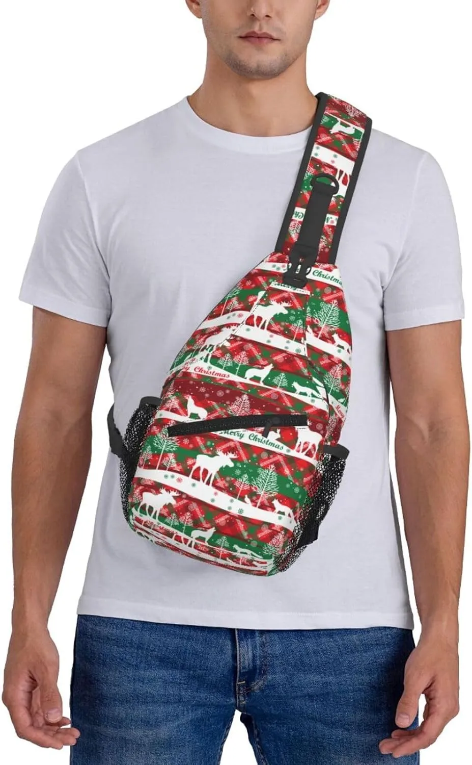 Merry Christmas Happy New Year Wolf Reindeer Cross Chest Bag Diagonally Hiking Crossbody Bag Travel Shoulder Daypack Lightweight Sling Backpack Cycling Daypacks Fitness Chest Backpacks