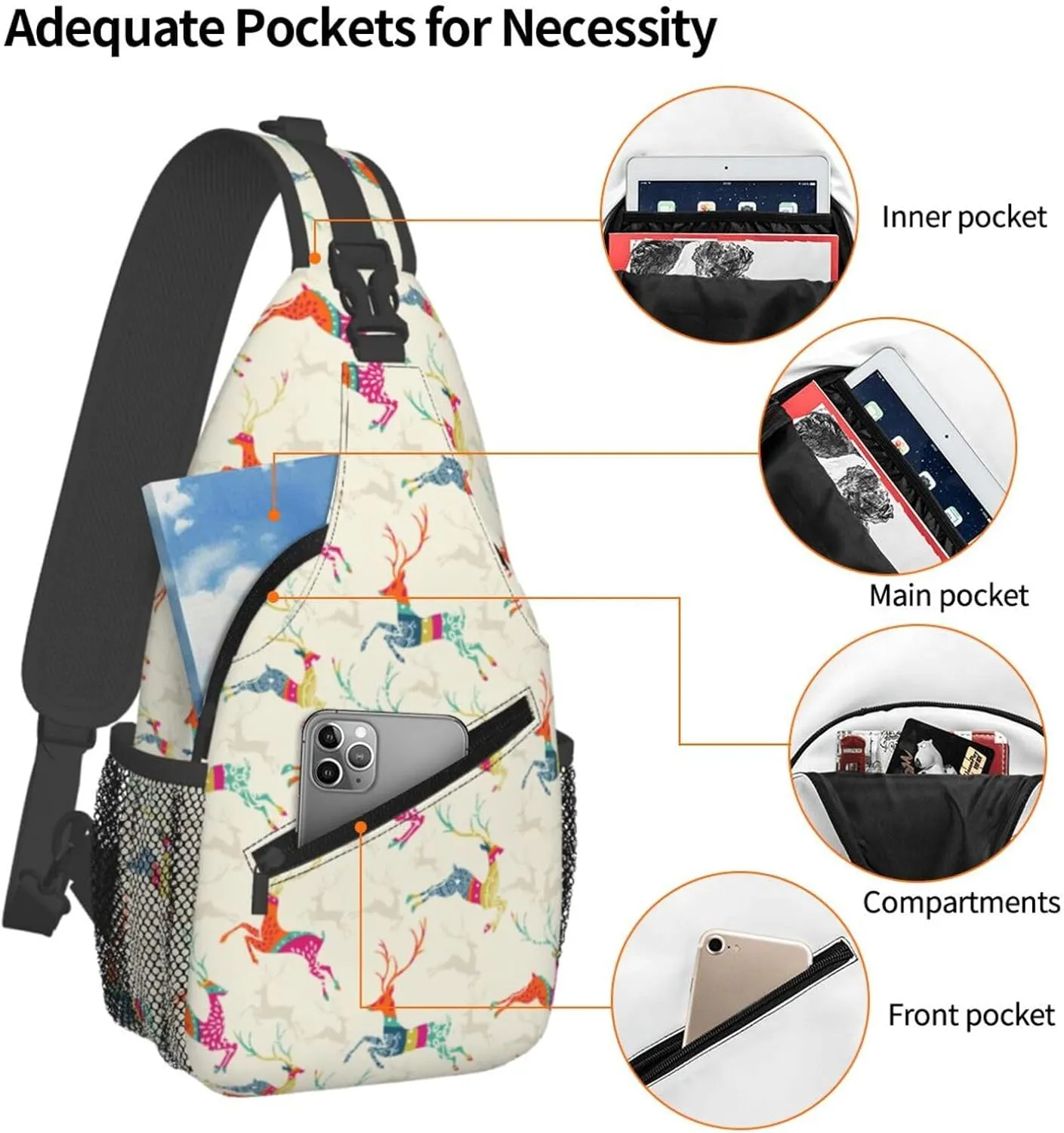 Merry Christmas Jumping Reindeer Cross Chest Bag Diagonally Hiking Crossbody Bag Travel Shoulder Daypack Lightweight Sling Backpack Cycling Daypacks Fitness Chest Backpacks