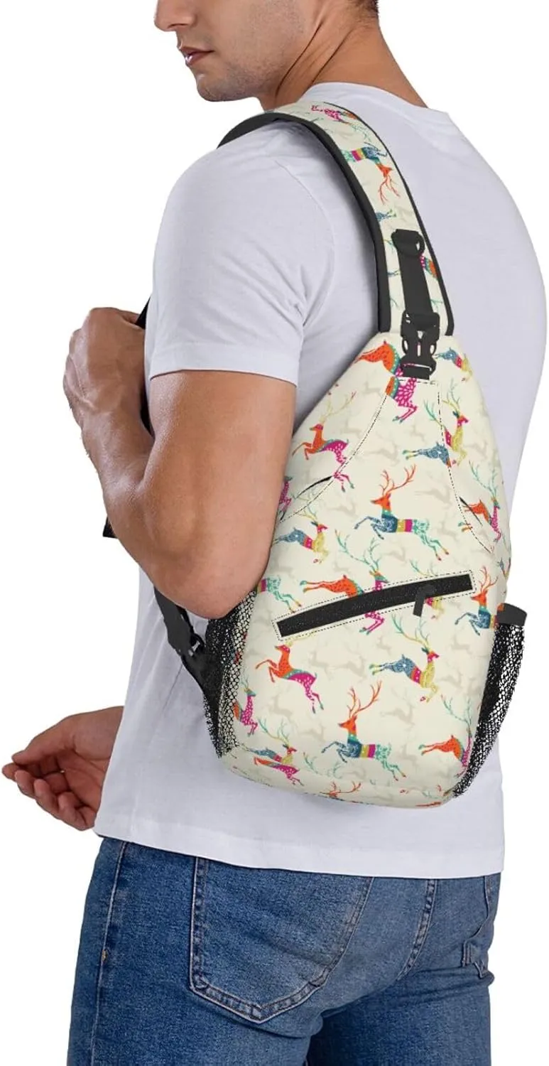 Merry Christmas Jumping Reindeer Cross Chest Bag Diagonally Hiking Crossbody Bag Travel Shoulder Daypack Lightweight Sling Backpack Cycling Daypacks Fitness Chest Backpacks