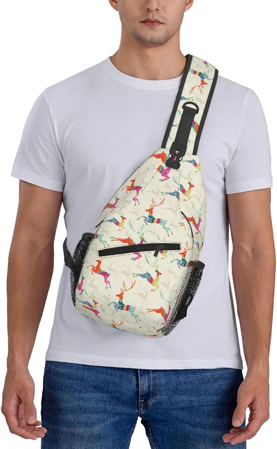 Merry Christmas Jumping Reindeer Cross Chest Bag Diagonally Hiking Crossbody Bag Travel Shoulder Daypack Lightweight Sling Backpack Cycling Daypacks Fitness Chest Backpacks