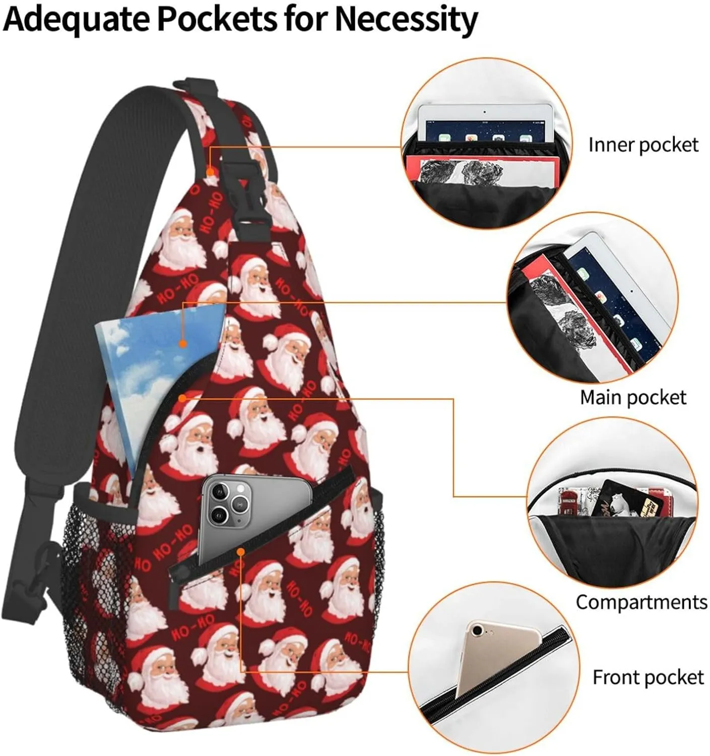 Merry Christmas Santa Claus HO-HO Cross Chest Bag Diagonally Hiking Crossbody Bag Travel Shoulder Daypack Lightweight Sling Backpack Cycling Daypacks Fitness Chest Backpacks