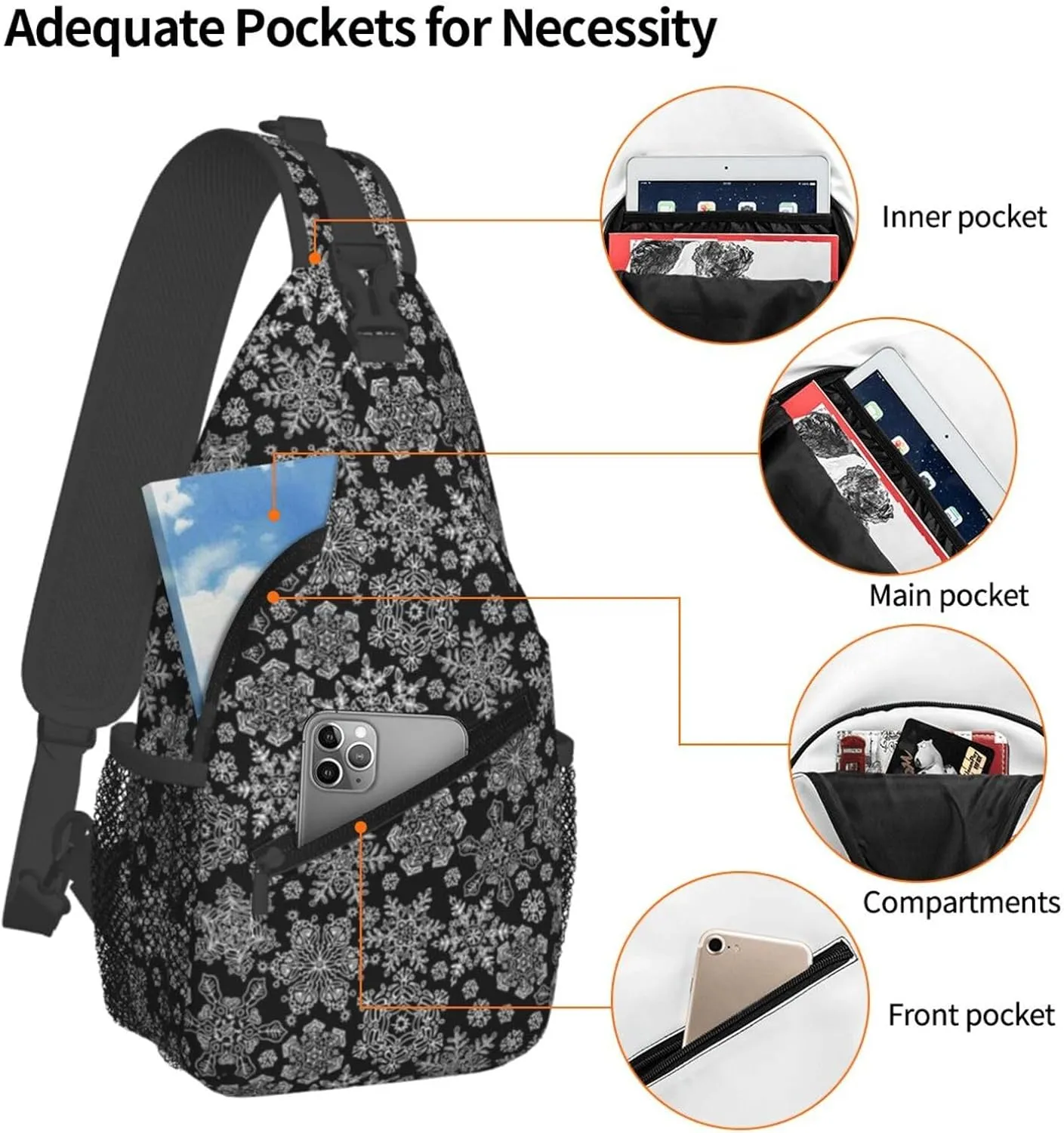 Merry Christmas White Snowflakes Black Cross Chest Bag Diagonally Hiking Crossbody Bag Travel Shoulder Daypack Lightweight Sling Backpack Cycling Daypacks Fitness Chest Backpacks