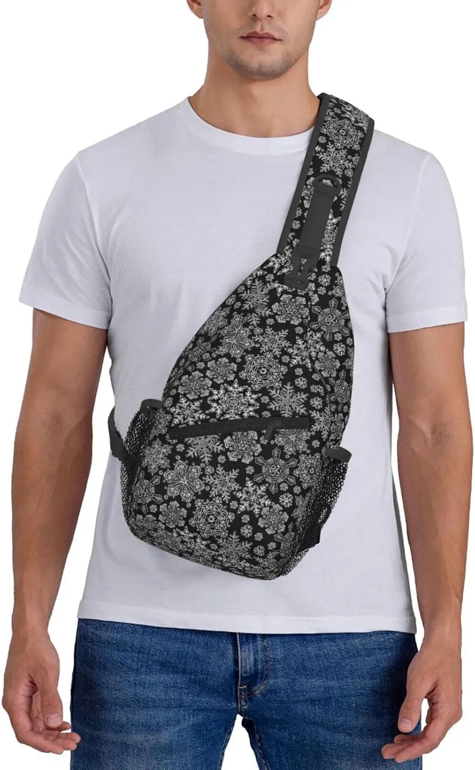 Merry Christmas White Snowflakes Black Cross Chest Bag Diagonally Hiking Crossbody Bag Travel Shoulder Daypack Lightweight Sling Backpack Cycling Daypacks Fitness Chest Backpacks