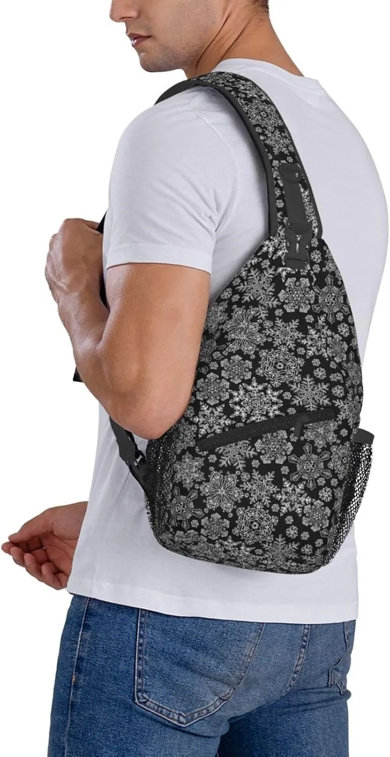 Merry Christmas White Snowflakes Black Cross Chest Bag Diagonally Hiking Crossbody Bag Travel Shoulder Daypack Lightweight Sling Backpack Cycling Daypacks Fitness Chest Backpacks