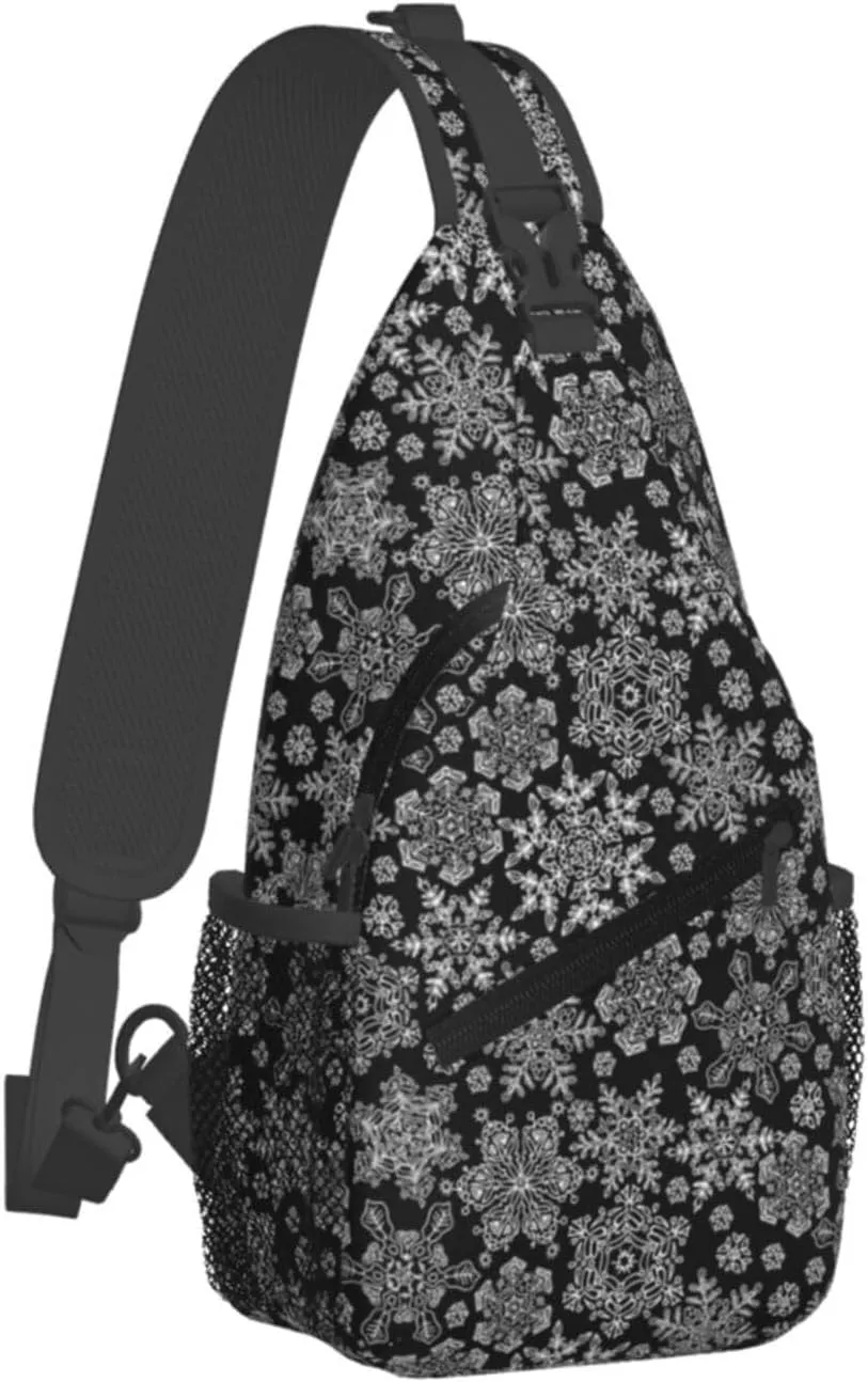 Merry Christmas White Snowflakes Black Cross Chest Bag Diagonally Hiking Crossbody Bag Travel Shoulder Daypack Lightweight Sling Backpack Cycling Daypacks Fitness Chest Backpacks