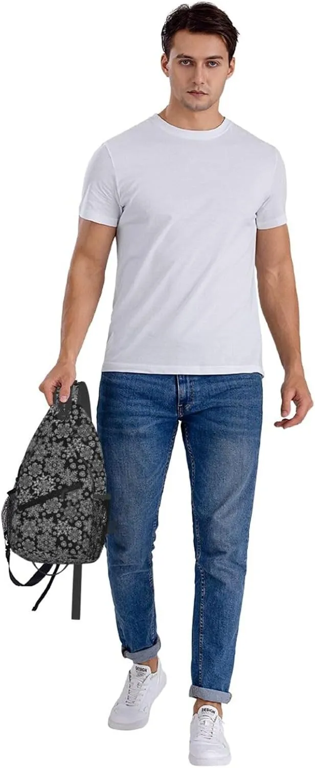 Merry Christmas White Snowflakes Black Cross Chest Bag Diagonally Hiking Crossbody Bag Travel Shoulder Daypack Lightweight Sling Backpack Cycling Daypacks Fitness Chest Backpacks