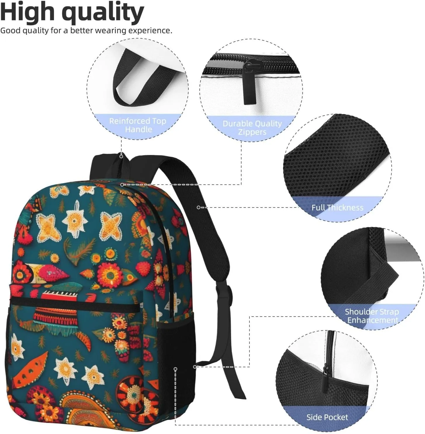 Mexican Folk Boho Travel Laptops Backpack For Women Men,Casual Work Bag 17inch Backpacks For Hiking Business