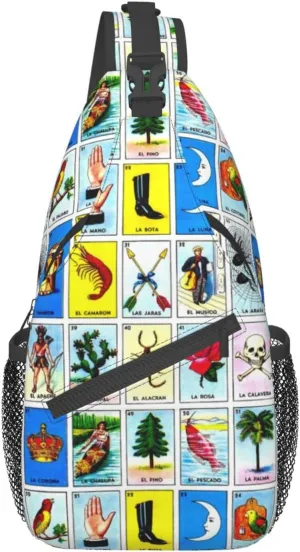 Mexican Loteria Cards Crossbody Bags Women Men Cross Chest Bag Adjustable Sling Backpack Shoulder Bag For Cycling Travel Sport Hiking