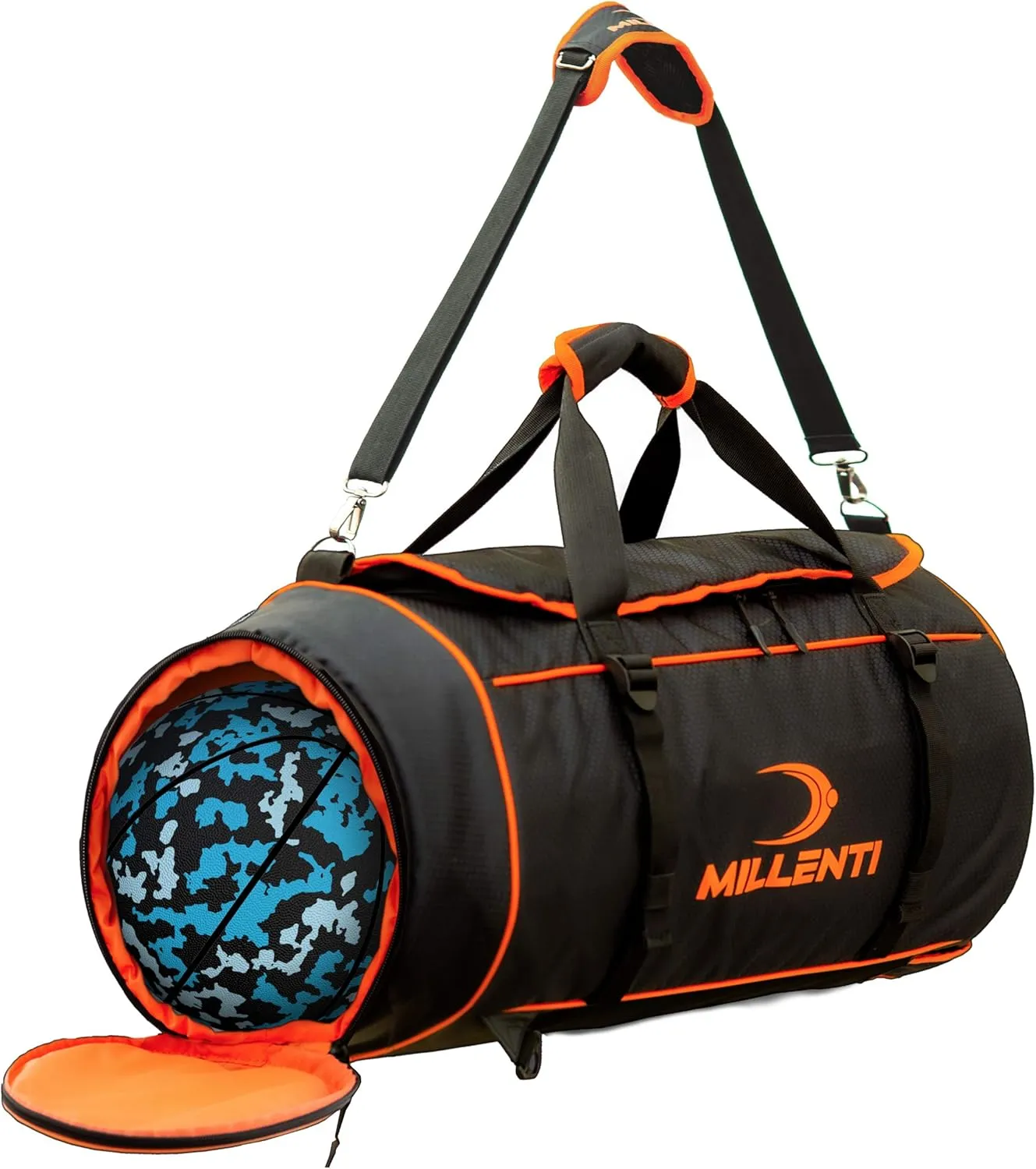 Millenti Sports Duffle Bag for Women Men - Weekender Travel Backpack 40l Gym Bag w/Shoe Compartment - Lacrosse Duffle Bag, Soccer Bag, Basketball, Volleyball, Football, DB-BLK/ORANGE