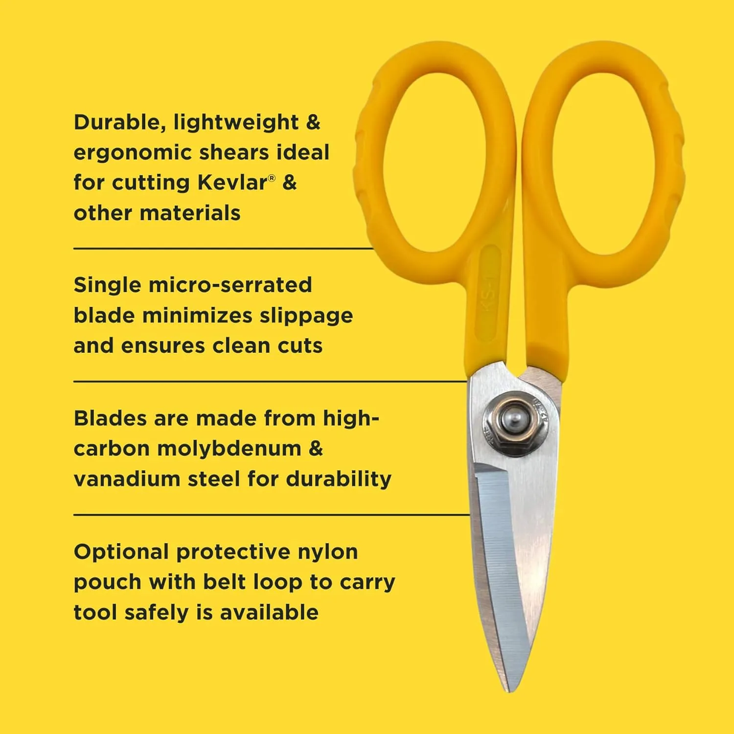 Miller KS-1 Yellow Fiber Optic Kevlar Scissors, Easily Portable Utility Scissors for Working Technicians, Electricians, and Installers, Heavy-Duty Cable Cutters, 5.5 Inches