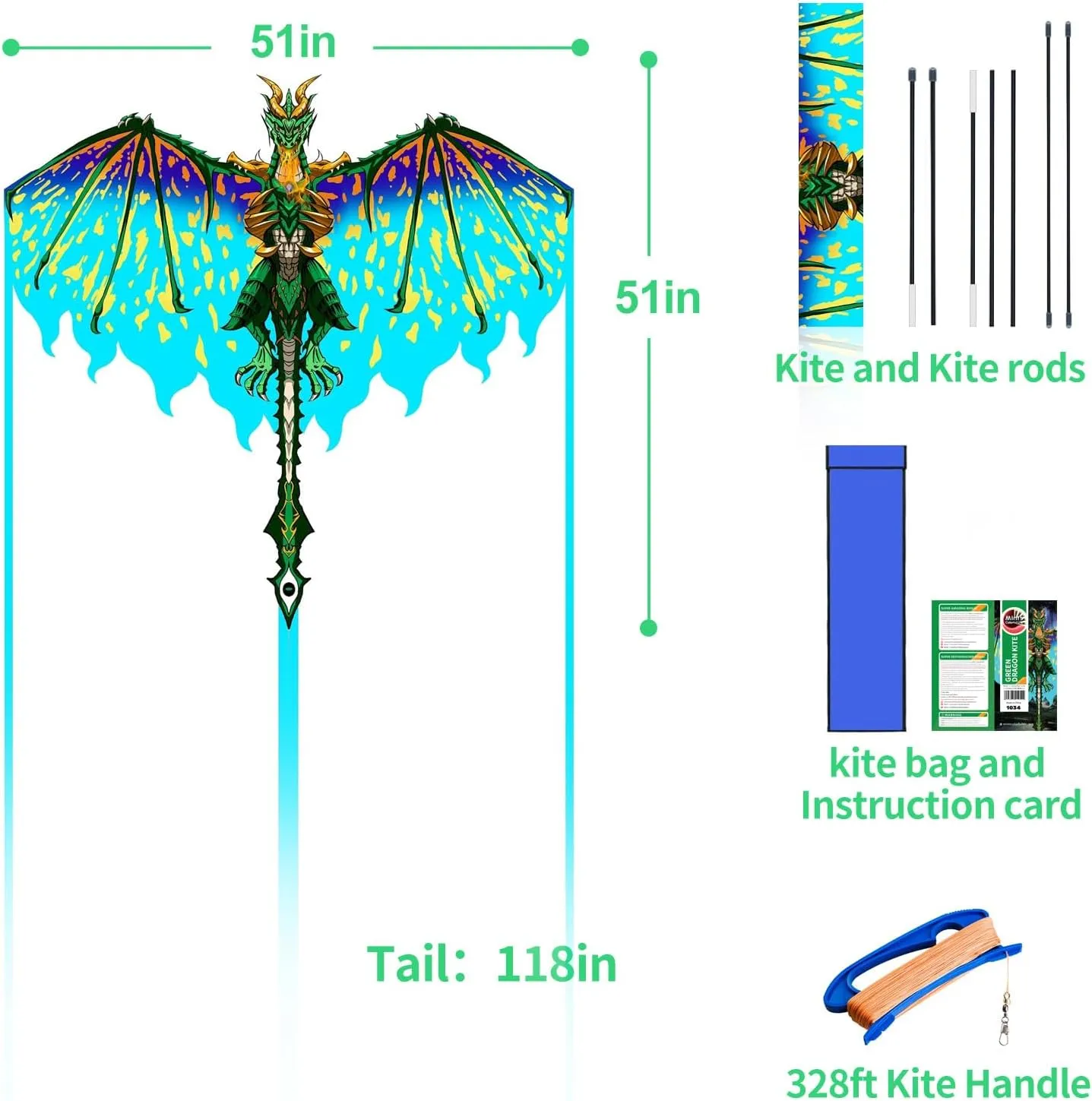 Mint's Colorful Life Dragon Kite for Kids & Adults, Easy to Fly Best Beach Kites for Beginners, 300ft Kite String Included