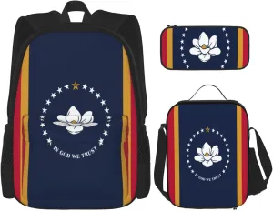 Mississippi State Flag print Pocket backpack Crossbody lunch bag pen bag set 3-in-1 Makeup bag Outdoor travel