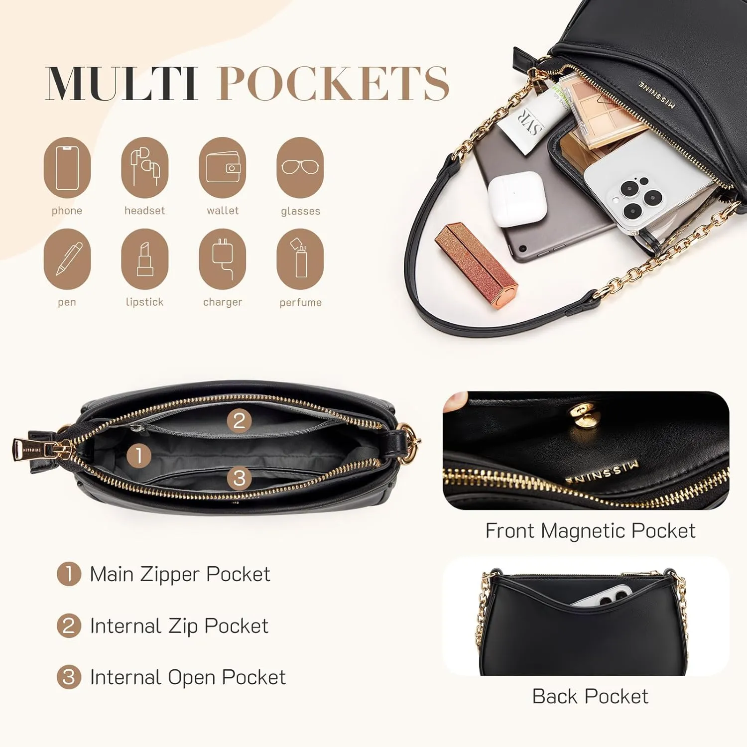 Missnine Shoulder Bag for Women Small Purse Trendy Clutch Hobo Bag Vegan Leather Mini Handbag with Zipper Closure