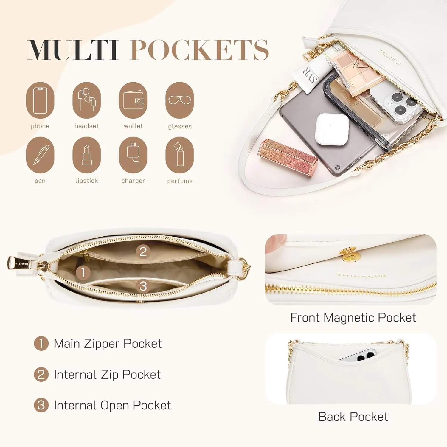 Missnine Shoulder Bag for Women Small Purse Trendy Clutch Hobo Bag Vegan Leather Mini Handbag with Zipper Closure