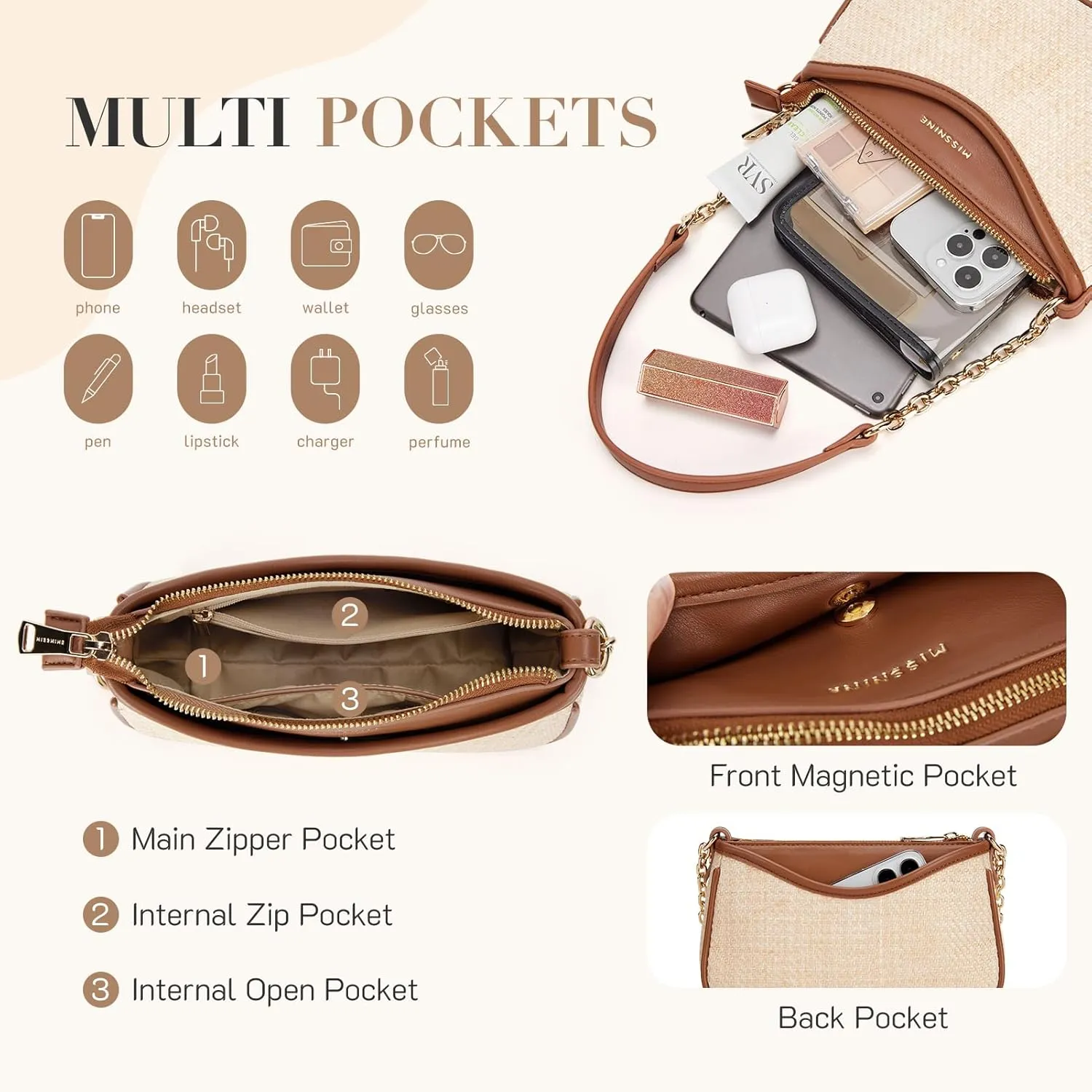 Missnine Shoulder Bag for Women Small Purse Trendy Clutch Hobo Bag Vegan Leather Mini Handbag with Zipper Closure
