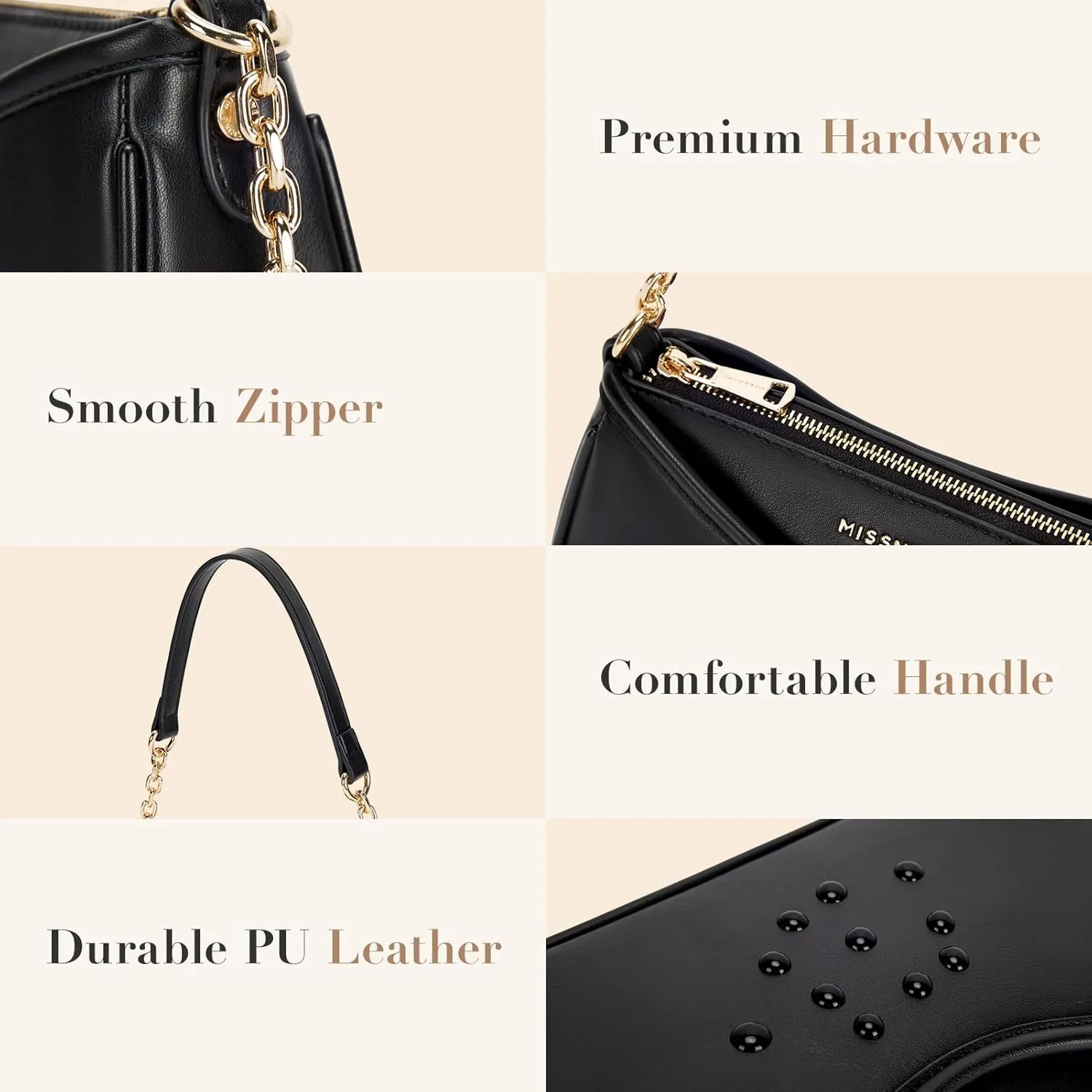 Missnine Shoulder Bag for Women Small Purse Trendy Clutch Hobo Bag Vegan Leather Mini Handbag with Zipper Closure
