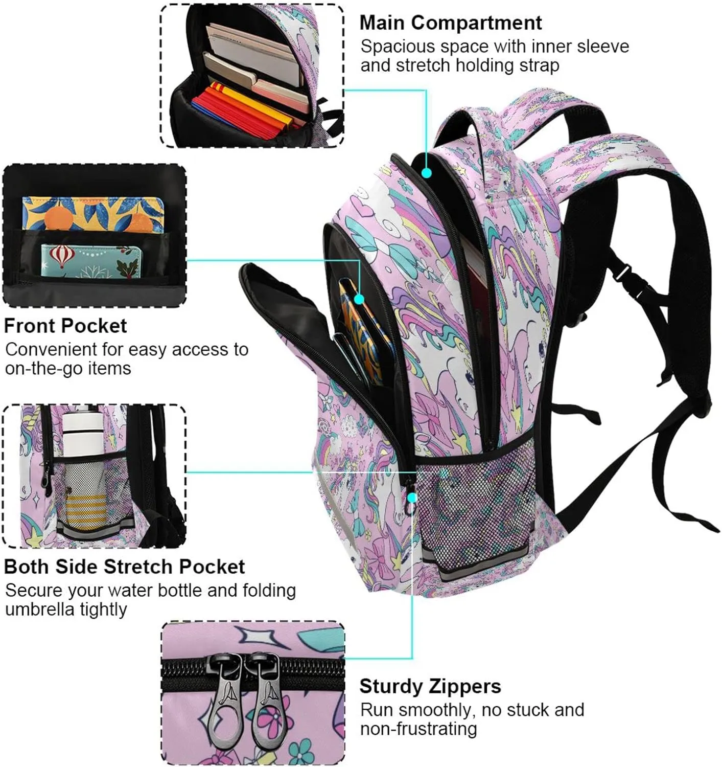MNSRUU School Backpack for Kids 5-13 yrs,Unicorn Backpack Kindergarten School Bag Pink Backpack for Little Girls