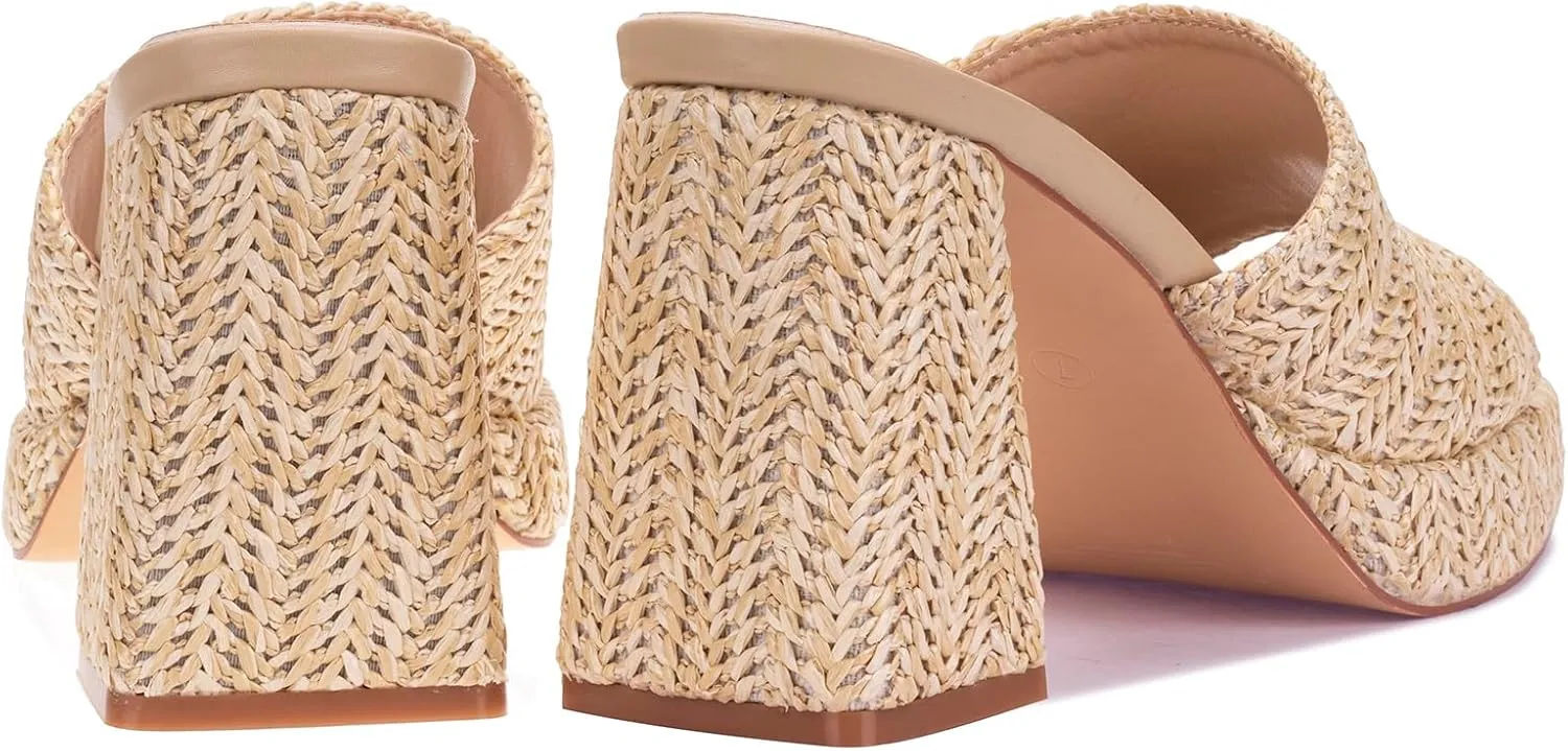 Monrovia Womens Sandals Heels for Women Slide On Block Chunky Platform High Heels Open Toe Raffia Wedge Sandals