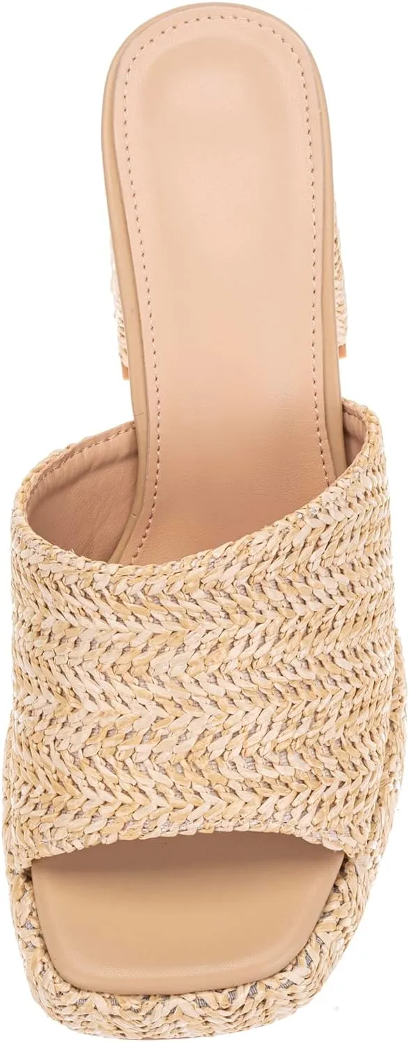 Monrovia Womens Sandals Heels for Women Slide On Block Chunky Platform High Heels Open Toe Raffia Wedge Sandals