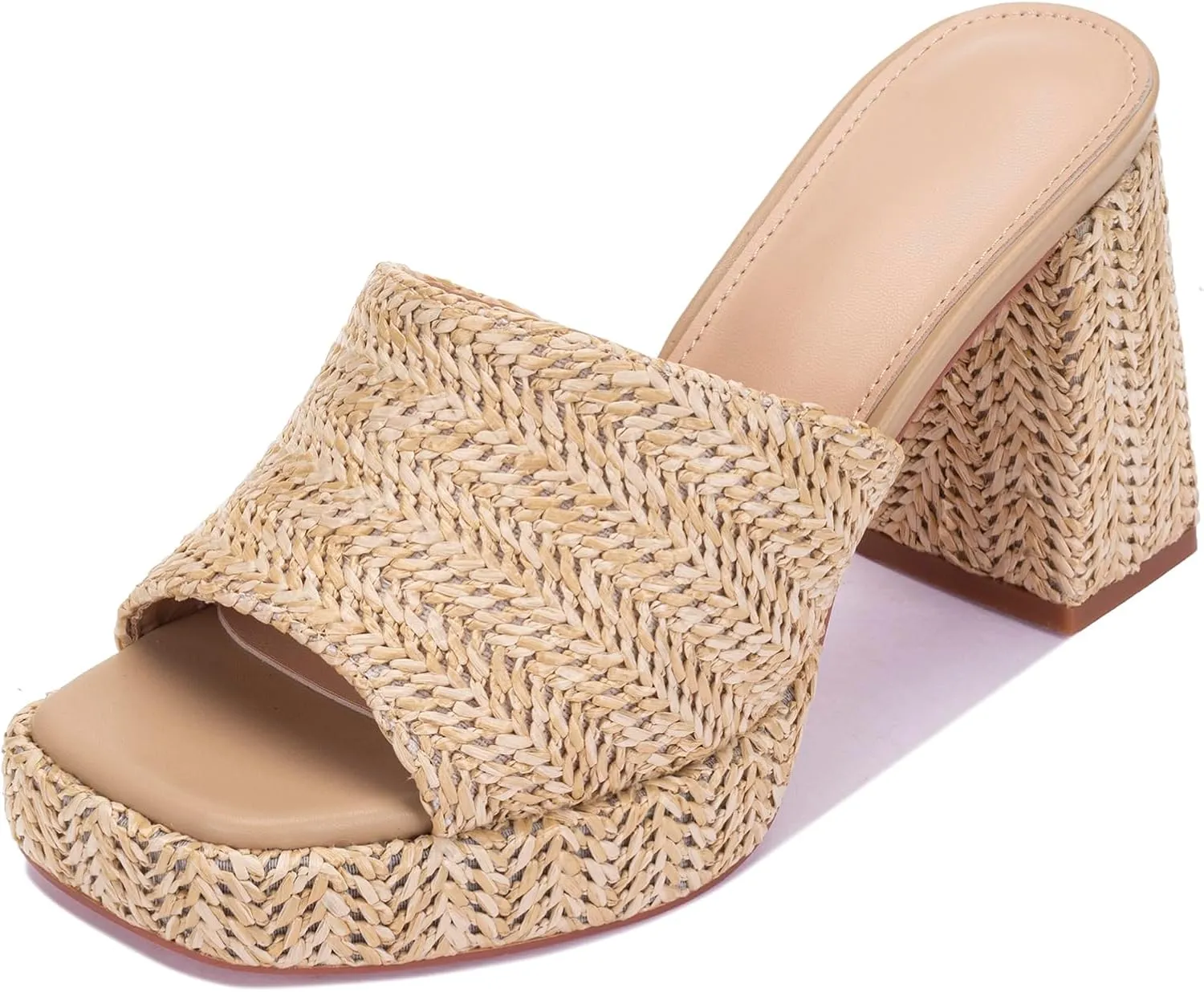 Monrovia Womens Sandals Heels for Women Slide On Block Chunky Platform High Heels Open Toe Raffia Wedge Sandals