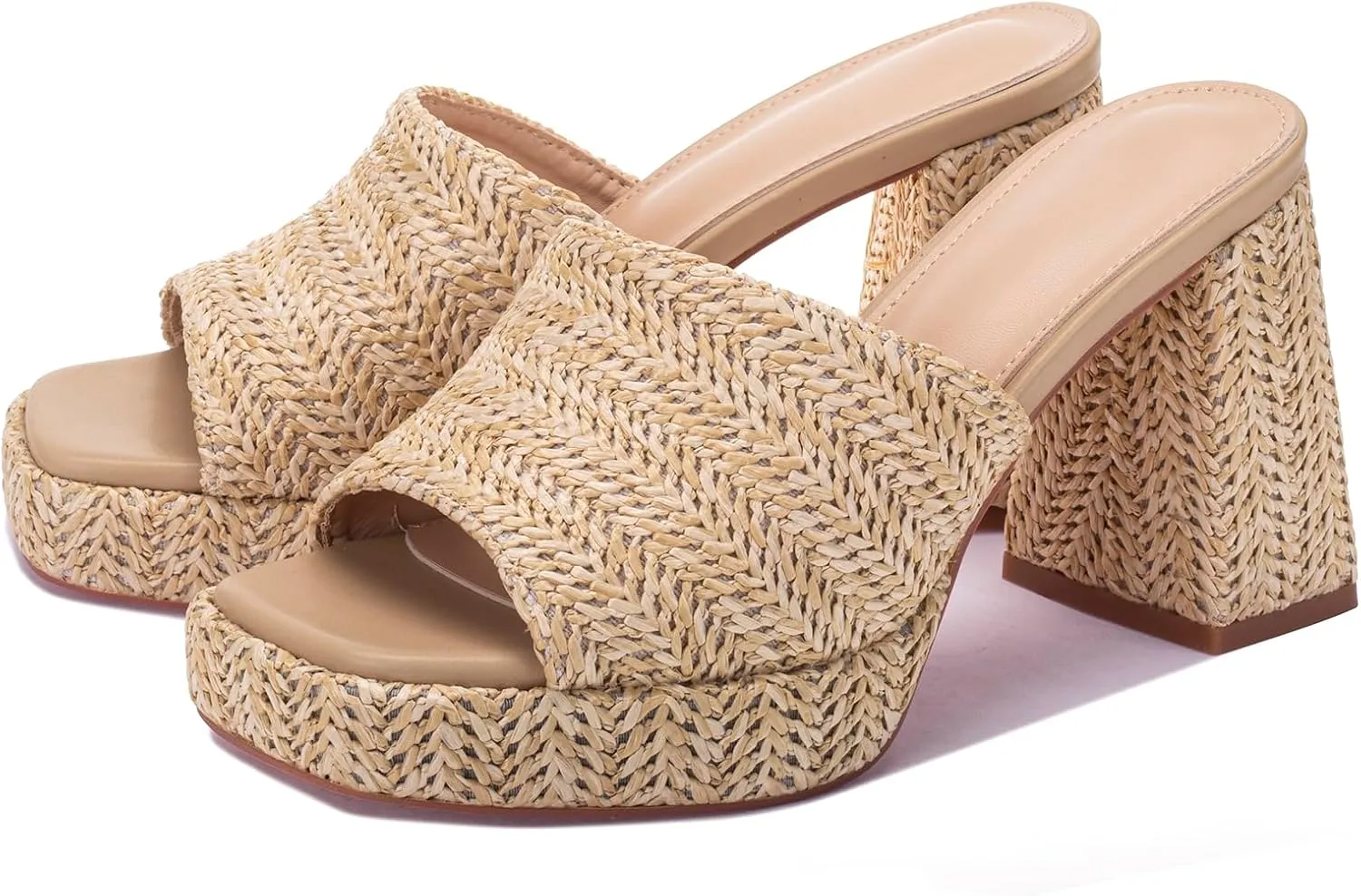 Monrovia Womens Sandals Heels for Women Slide On Block Chunky Platform High Heels Open Toe Raffia Wedge Sandals