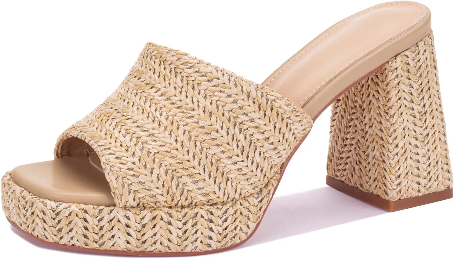 Monrovia Womens Sandals Heels for Women Slide On Block Chunky Platform High Heels Open Toe Raffia Wedge Sandals