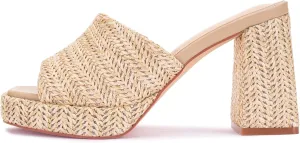 Monrovia Womens Sandals Heels for Women Slide On Block Chunky Platform High Heels Open Toe Raffia Wedge Sandals
