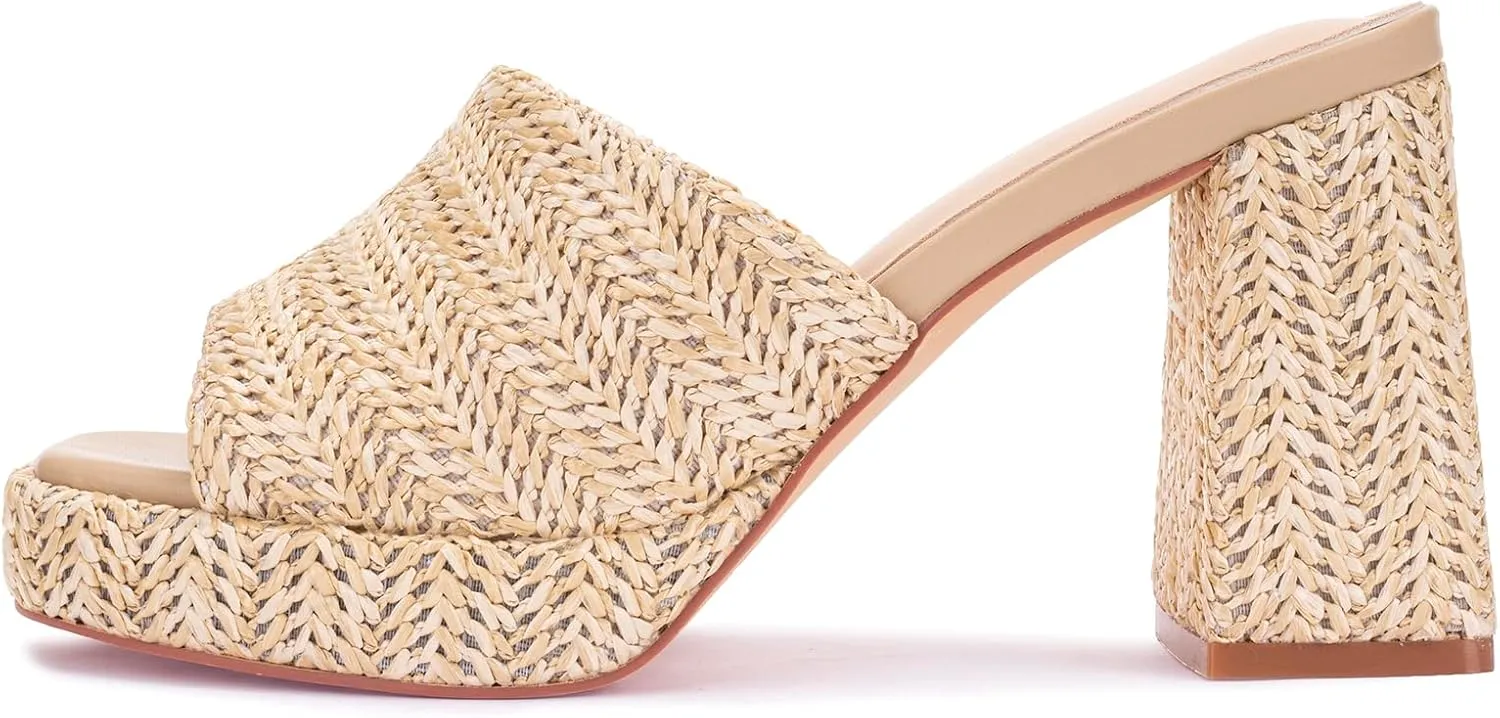 Monrovia Womens Sandals Heels for Women Slide On Block Chunky Platform High Heels Open Toe Raffia Wedge Sandals