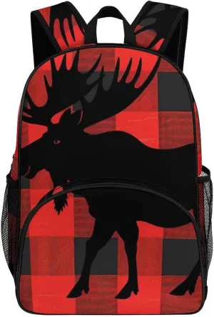 Moose Buffalo Plaid Set Backpack Print Laptop Bag Shoulder Bags Travel Casual Daypacks For Women Men