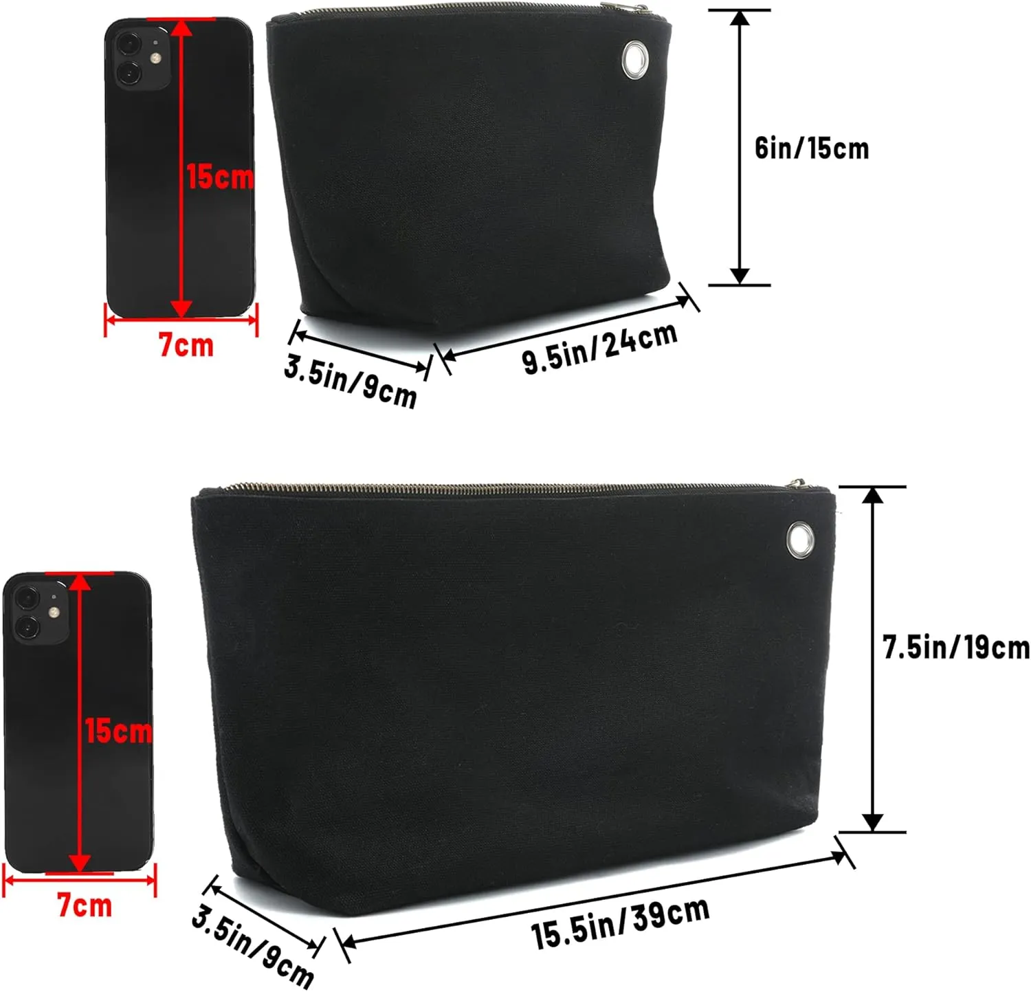 Multi-Purpose Tool Storage Bag - 16oz Waxed Canvas Item Collection Pouch for Men Women, Portable Tools Organizer Pouches with Zipper | 1 Large & 1 Small | For Coins Pliers Nuts - Black
