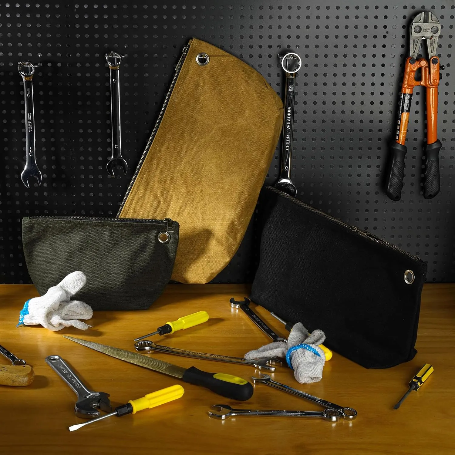 Multi-Purpose Tool Storage Bag - 16oz Waxed Canvas Item Collection Pouch for Men Women, Portable Tools Organizer Pouches with Zipper | 1 Large & 1 Small | For Coins Pliers Nuts - Black