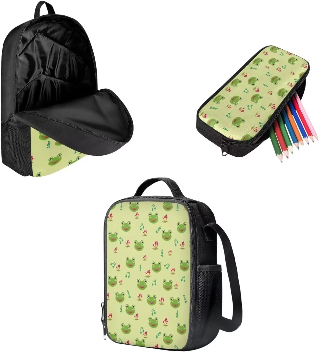 Mumeson Cartoon Frog 3 Pack Schoolbag Bookbag Set School Backpack School Supplies Daypacks Rucksack   Pencil Cases   Insulated Thermal Lunch Bags Lightweight Bookbag