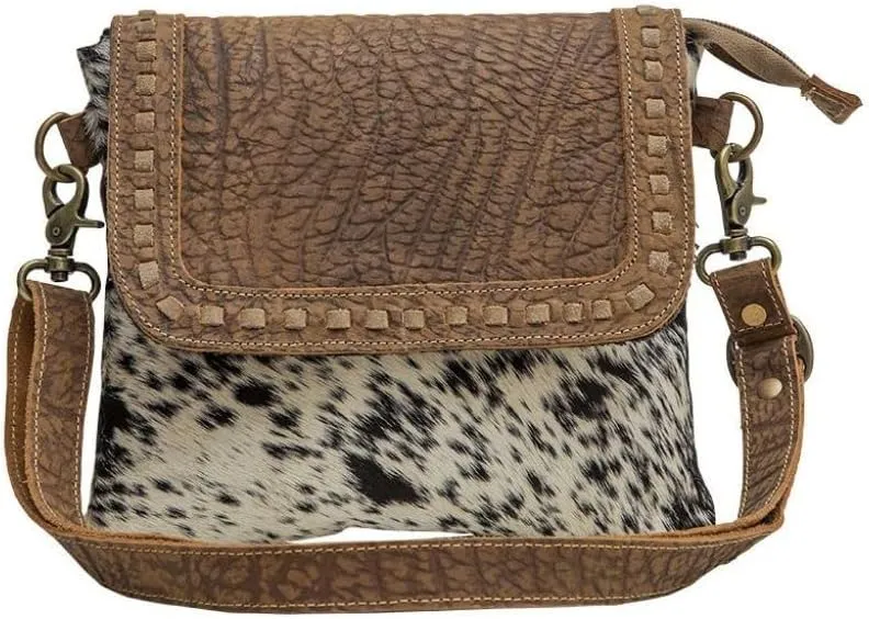 Myra Bag Manchester Cowhide Purse - Black and Ivory Cow Hide Crossbody Handbag for Women, Western Saddle Purse with Adjustable Strap Length