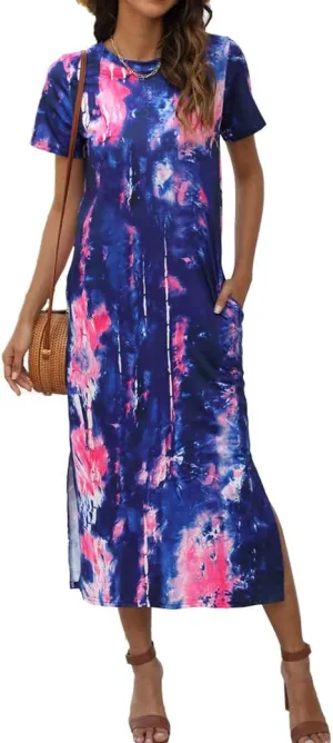 Naggoo Women's Short Sleeve Split Maxi Dress Casual Plain Tie Dye Print Tshirt Long Dresses with Pockets