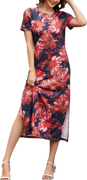 Naggoo Women's Short Sleeve Split Maxi Dress Casual Plain Tie Dye Print Tshirt Long Dresses with Pockets