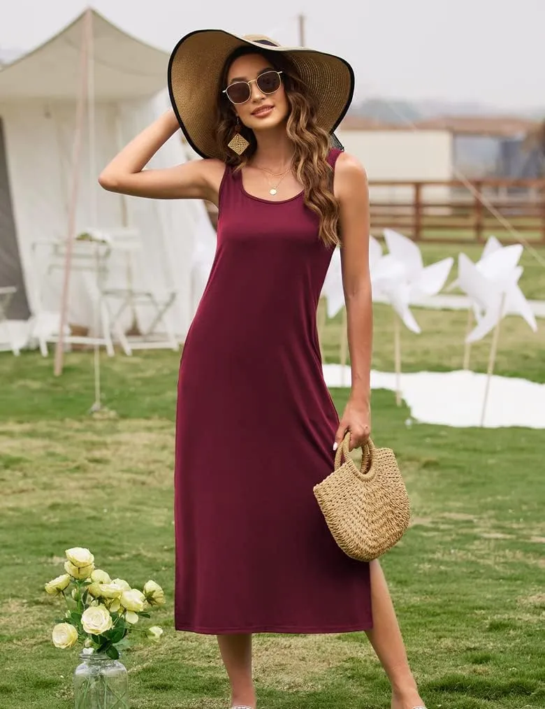 Naggoo Women's Sleevelee Tank Dress Midi Summer Casual Scoop Neck Basic Split Maxi Tshirt Sundresses with Pockets