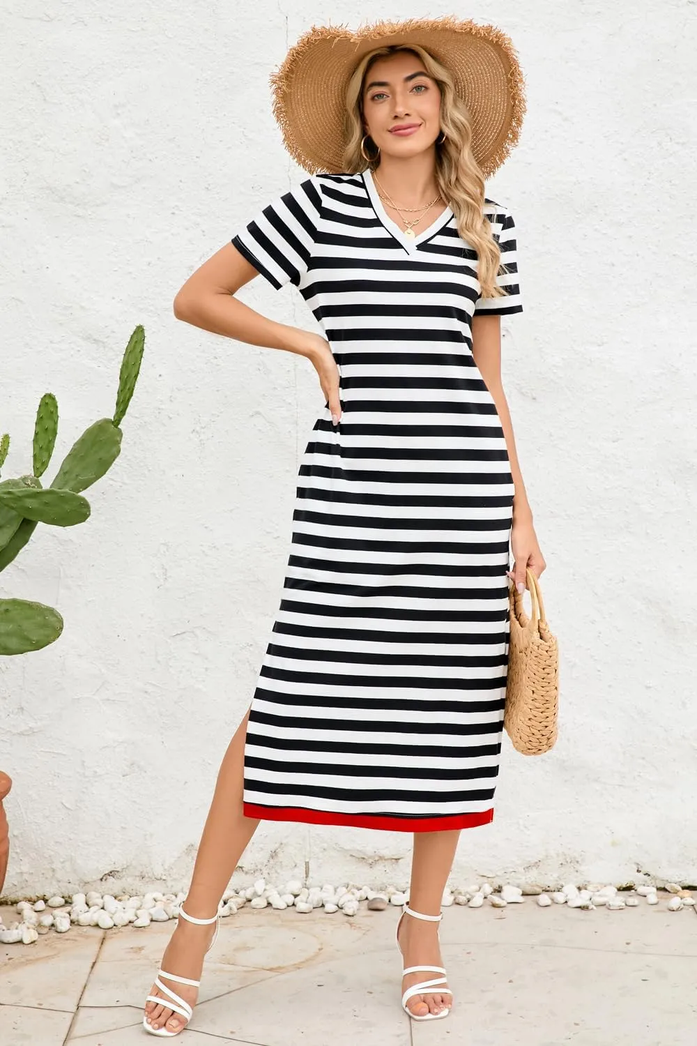 Naggoo Womens V Neck Striped Midi Dress Short Sleeve Split Summer Casual Beach T Shirt Dresses with Pockets