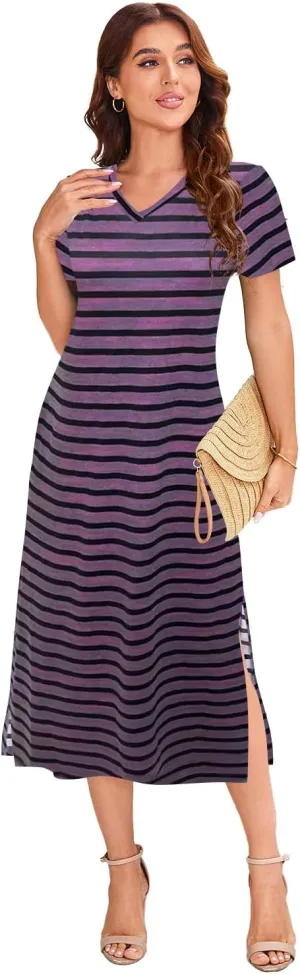 Naggoo Womens V Neck Striped Midi Dress Short Sleeve Split Summer Casual Beach T Shirt Dresses with Pockets